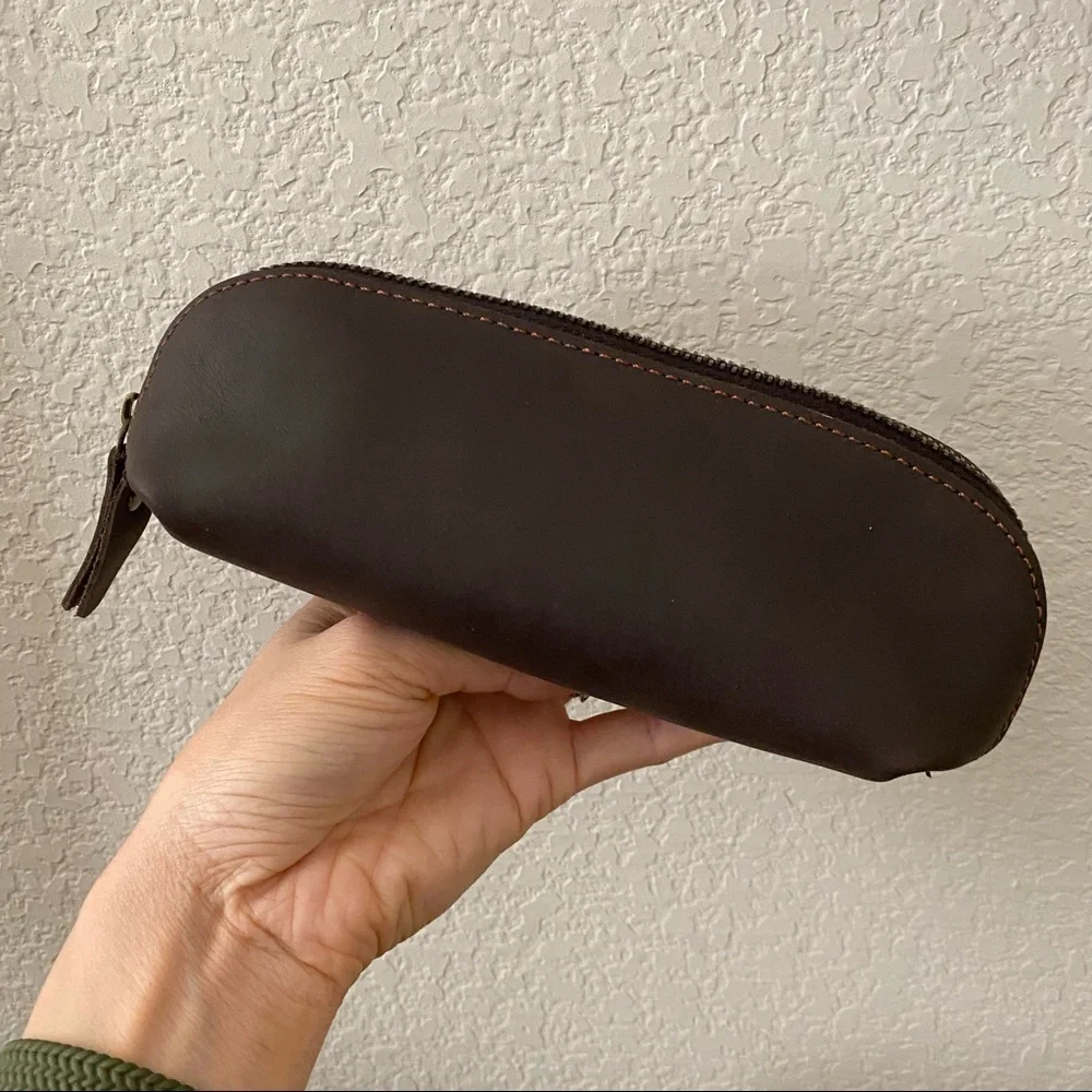 Crazy Horse Real Leather Brown Zipper Pencil Pouch Makeup Bag
